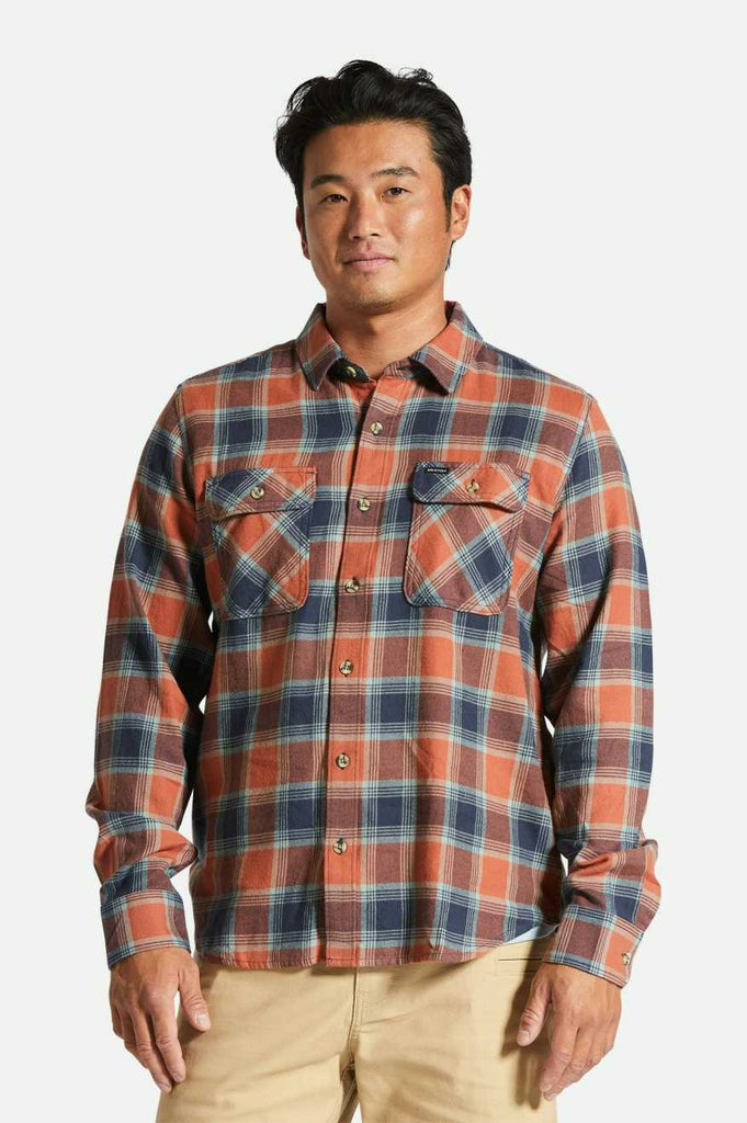 Men's Fit, Front View | Bowery Lightweight Ultra Soft L/S Flannel - Terracotta/Chinois Green