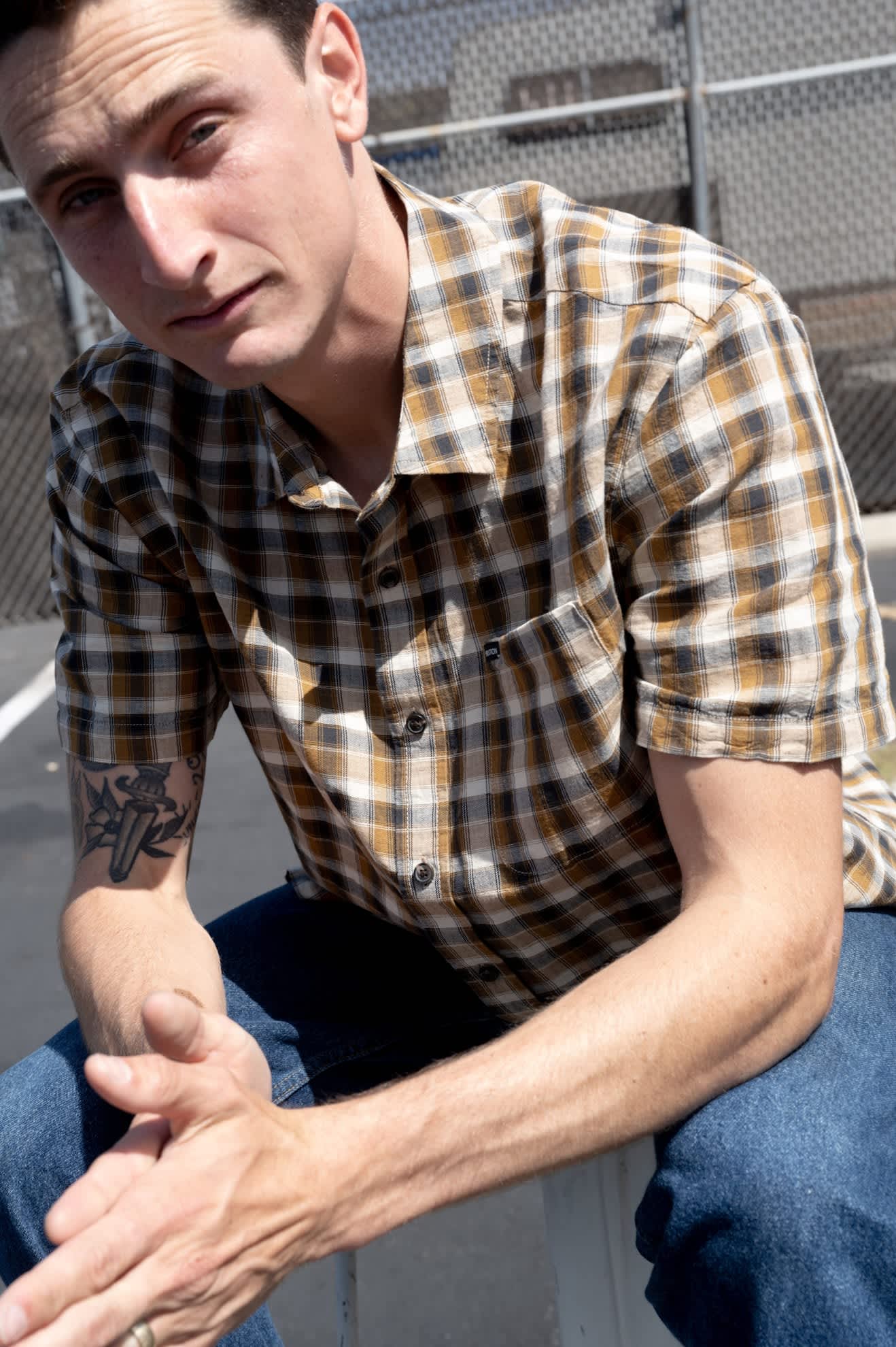 Men's Cru Linen Blend Plaid Short Sleeve Shirt in the color Black/Tobacco Plaid - Men's Lifestyle 3.0