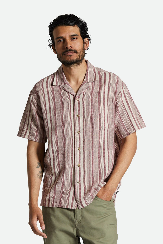 Men's Fit, Front View | Bunker Seersucker S/S Camp Collar Woven Shirt - Cranberry Juice/Off White