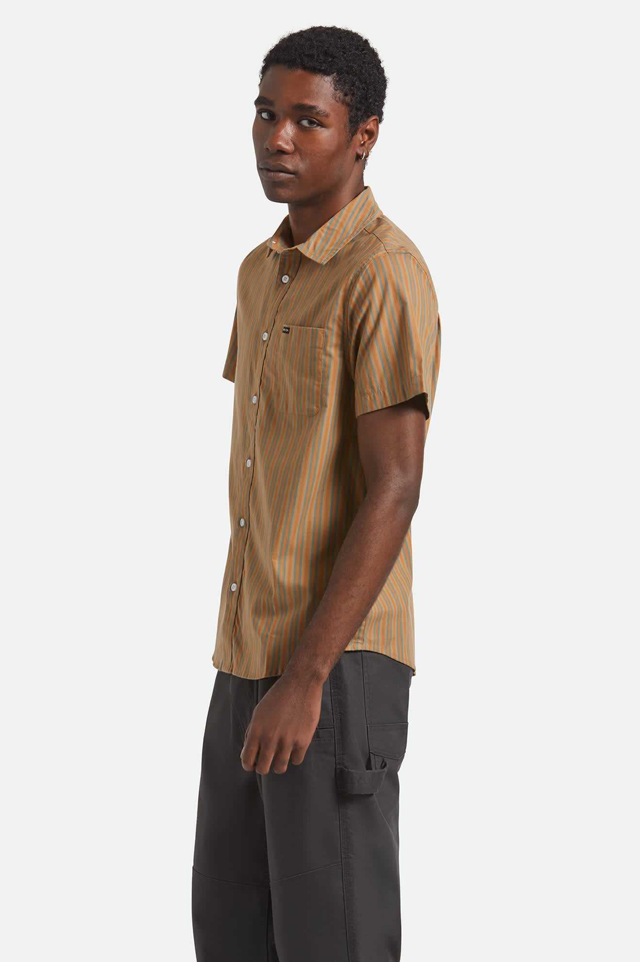 Men's Charter Stripe S/S Shirt in the color Rustic Caramel/Night Sage - Men's Side View