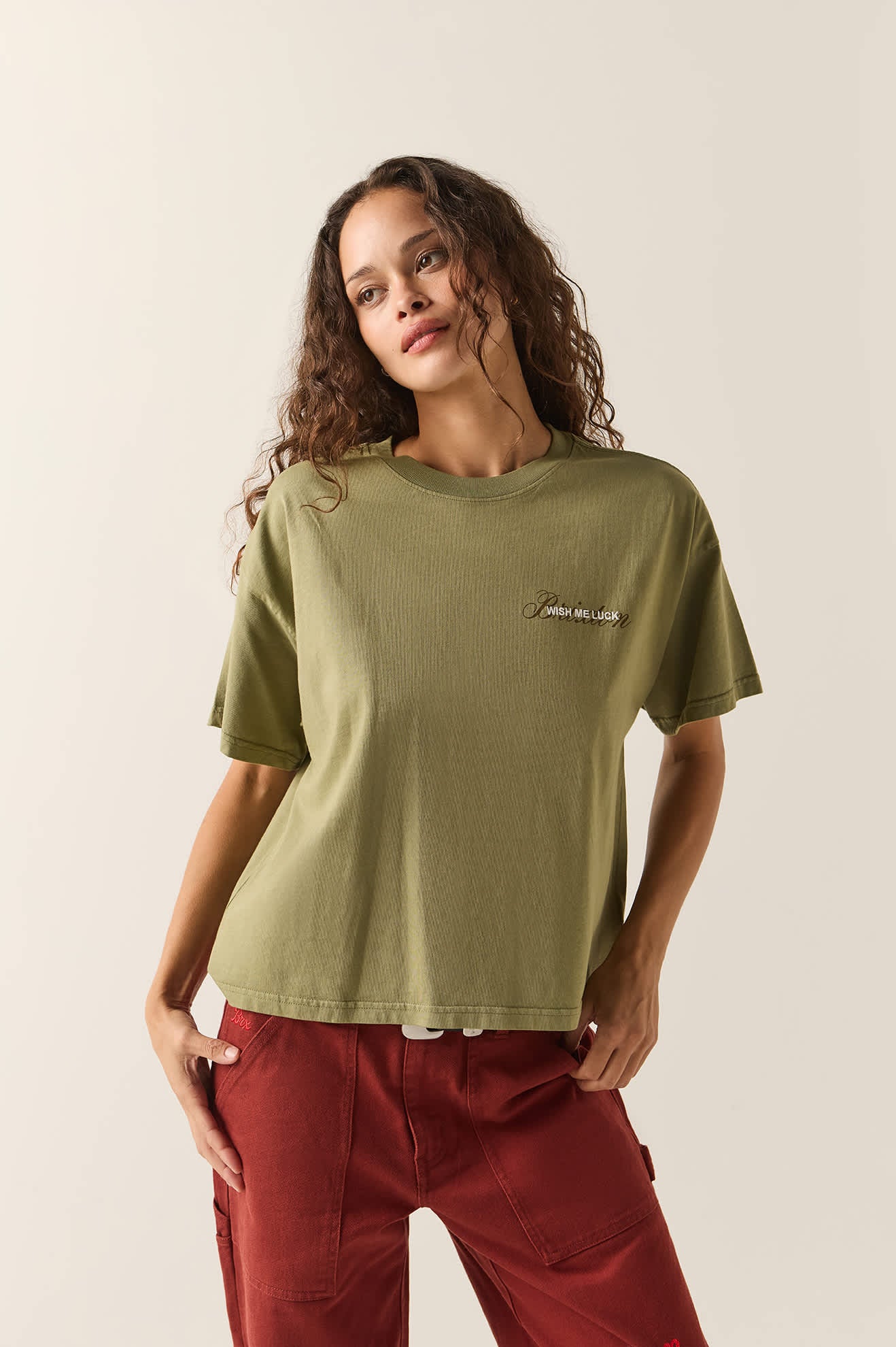 Women's Wish Me Luck Boxy Crop T-Shirt in the color Olive Surplus - Women's Front Fit Image