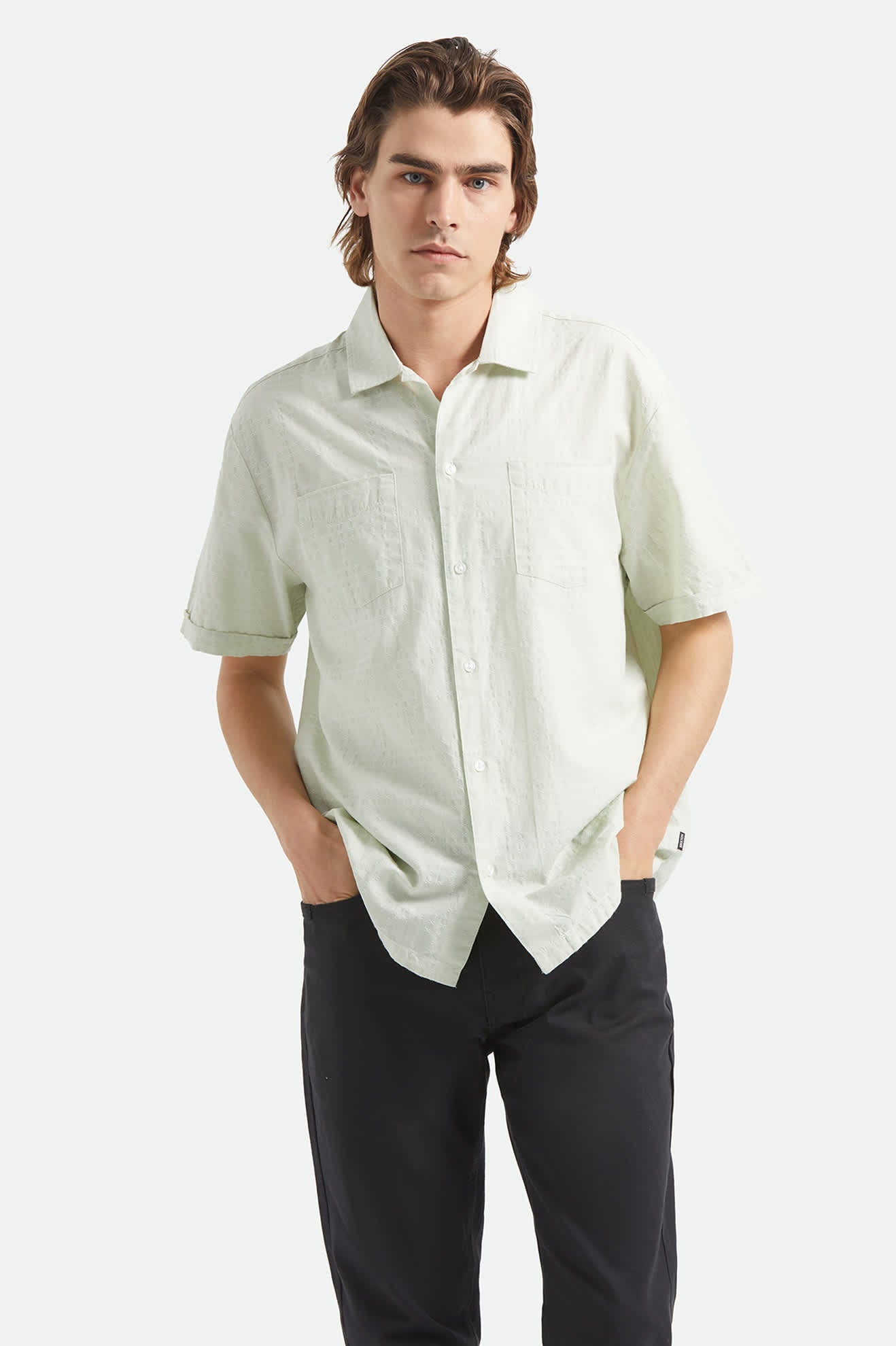Men's Vintage Short Sleeve Shirt in the color Sea Foam Jacquard Check - Men's Front View
