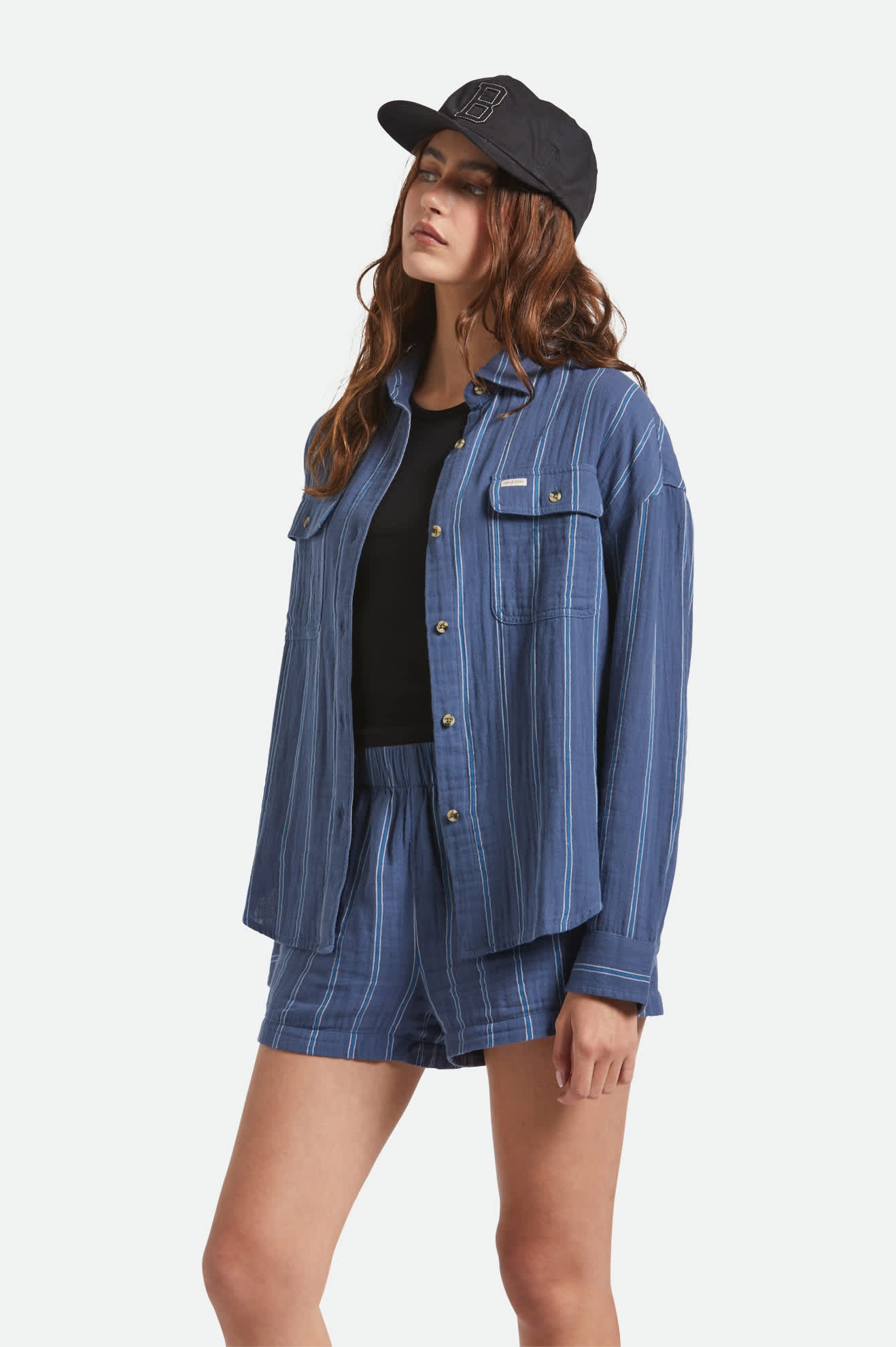 Women's Wandering L/S Overshirt in the color Berring Sea/White - Women's Side View