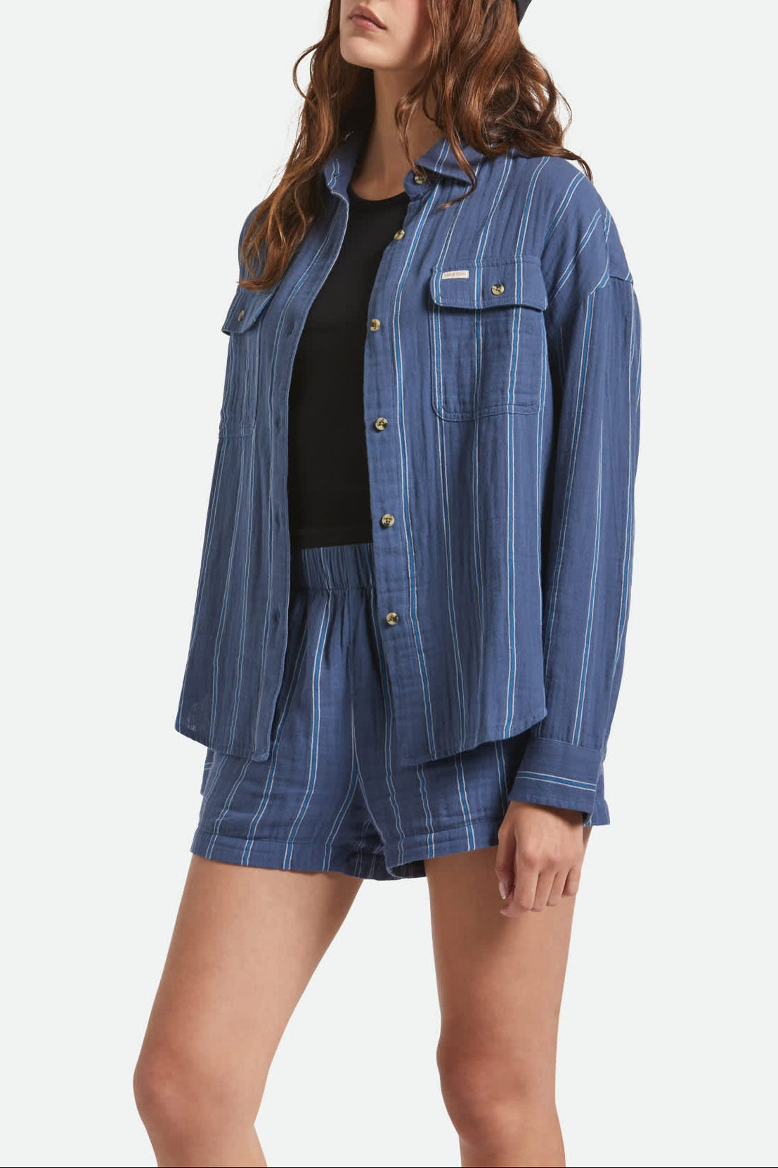 Women's Wandering L/S Overshirt in the color Berring Sea/White - Women's Side View