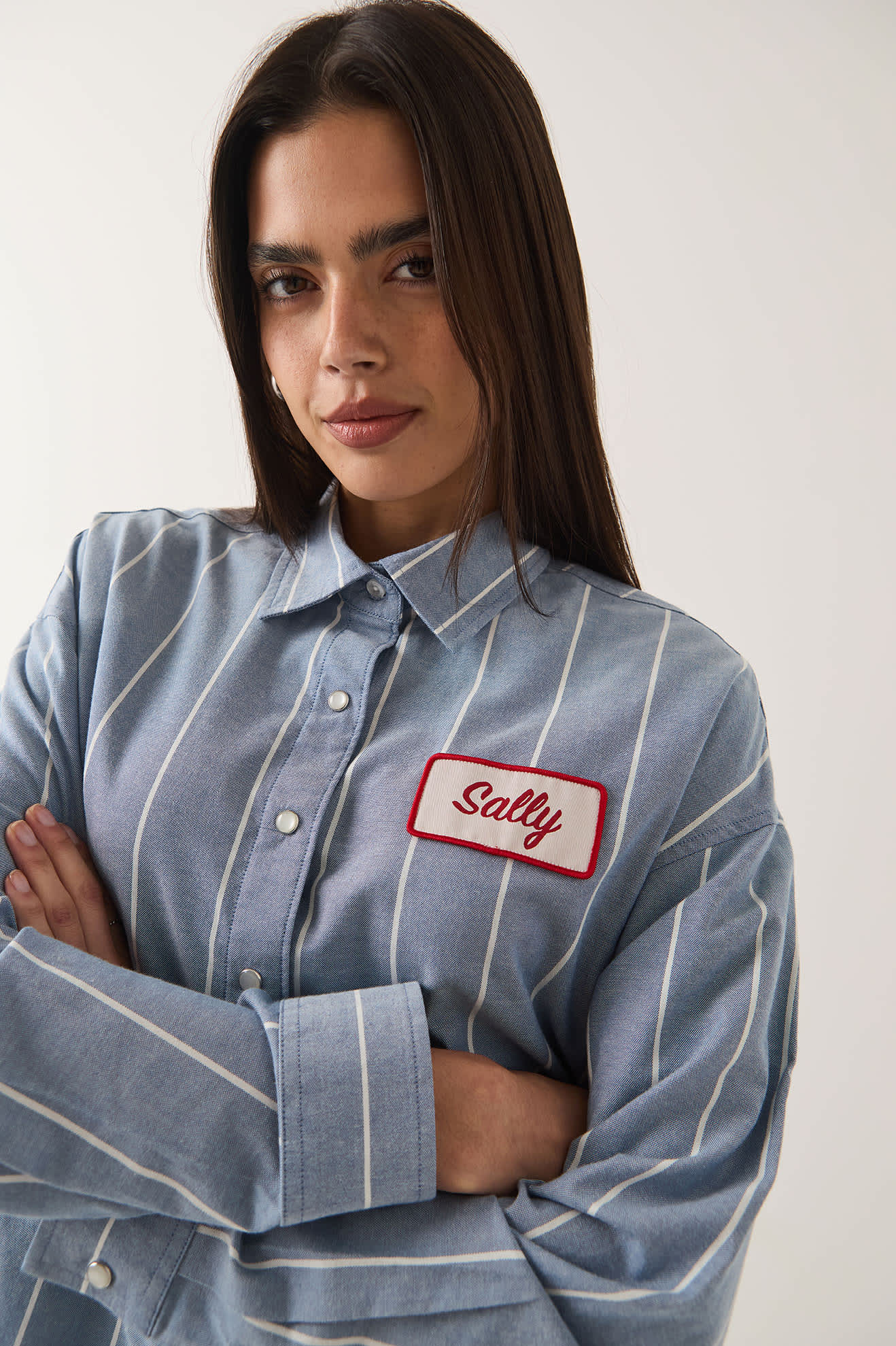 Women's Ford Mustang Sally Shirt in the color Blue Chambray/Stripe - Additional Fit image