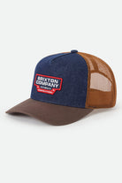 Unisex Reeves Trucker Hat in the color Washed Denim/Caramel - Front Product Laydown Image