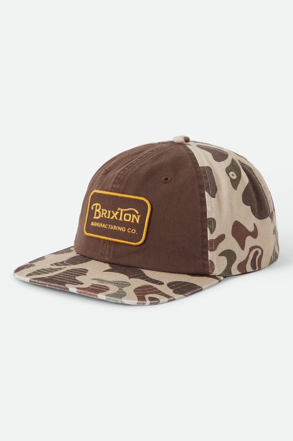 Unisex Grade Snapback in the color Duck Camo/Walnut Brown - Front Product Laydown Image