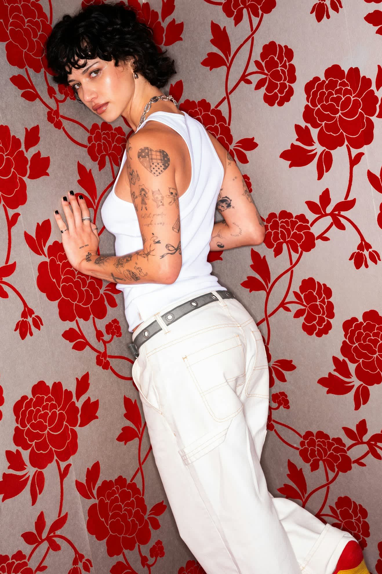 Women's Essex Painter Pant in the color Egret White - Additional Fit View