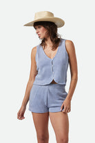 Women's The Weekend Cross Loop French Terry Top in the color Off White/Electric Indigo - Women's Front View