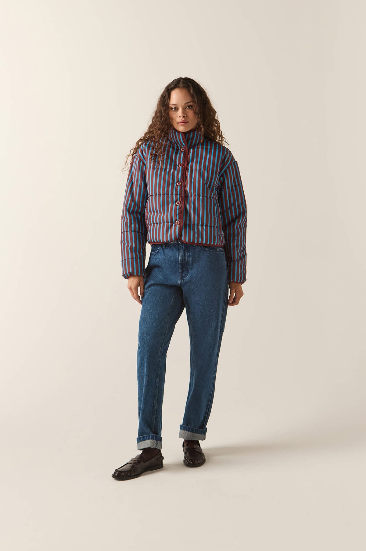 Women's Delilah Mock Neck Jacket in the color Dark Brick/Electric Indigo Stripe - Women's Front Fit Image