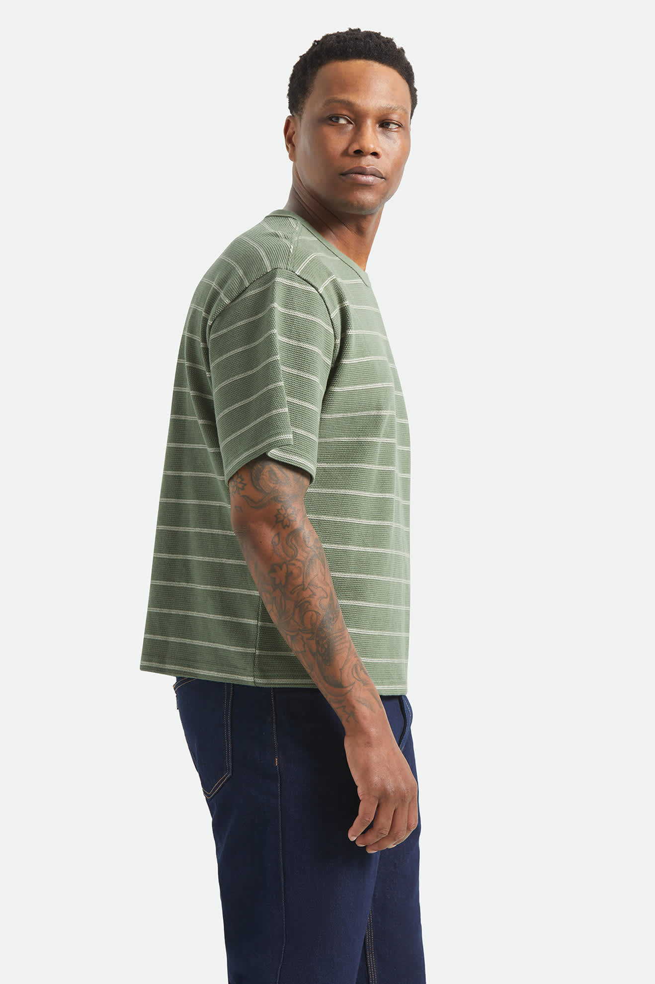 Men's Shield Pique Boxy T-Shirt in the color Dark Olive/Whitecap - Men's Side View