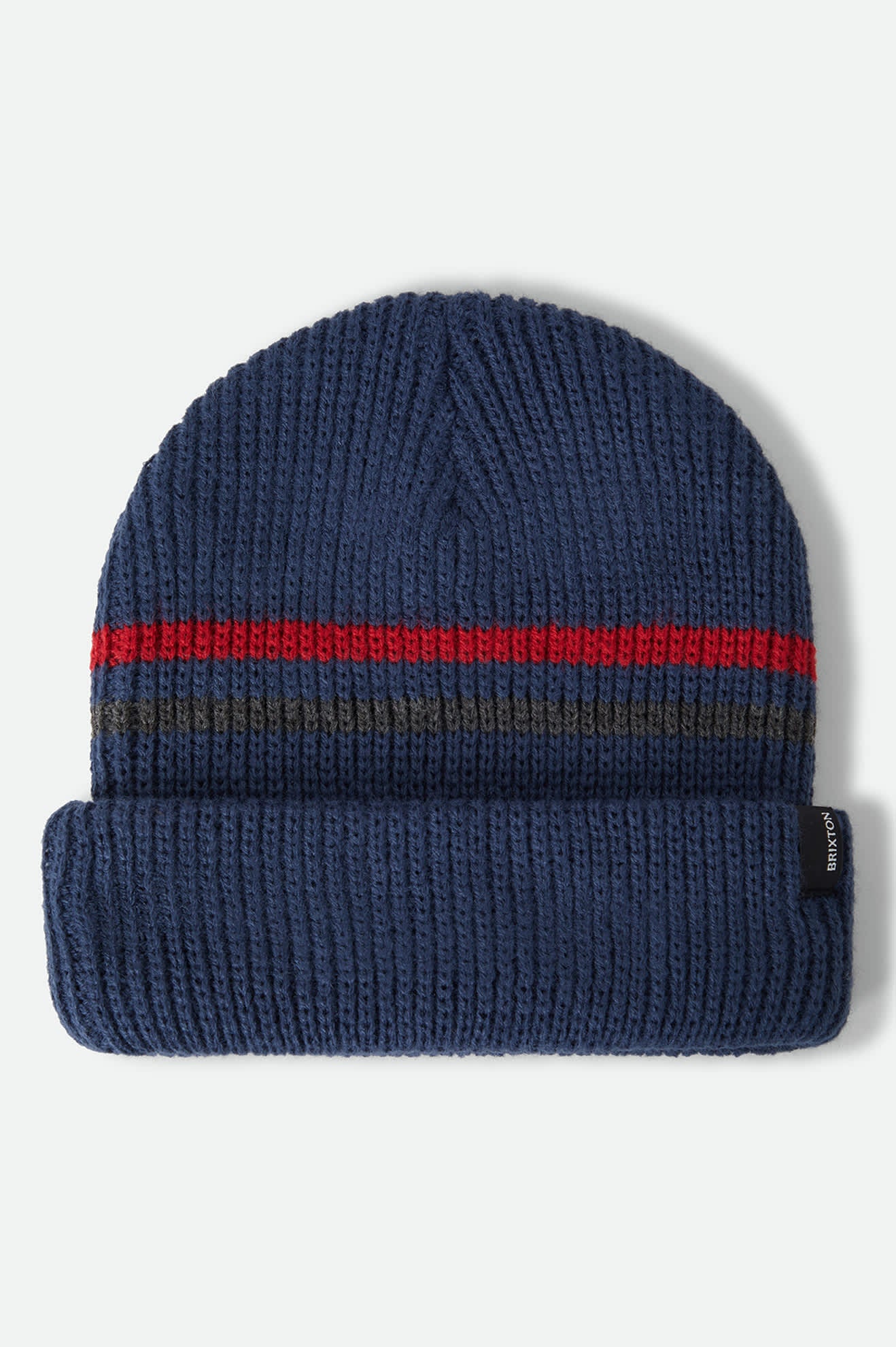 Unisex Chunky Heist Beanie in the color Washed Navy/Heather Grey/Crimson - Front Product Laydown Image