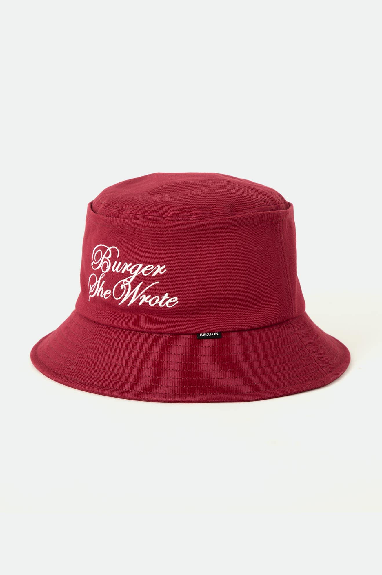 Unisex Burger She Wrote Bucket Hat in the color Burgundy - Front Product Laydown Image