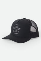 Unisex Fremont Netplus Trucker Hat in the color Black/Black - Front Product Laydown Image