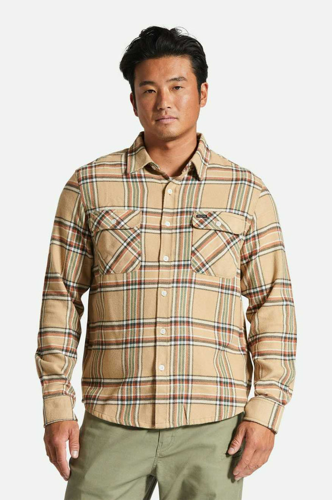 Men's Fit, Front View | Bowery L/S Flannel - Sand/Off White/Terracotta