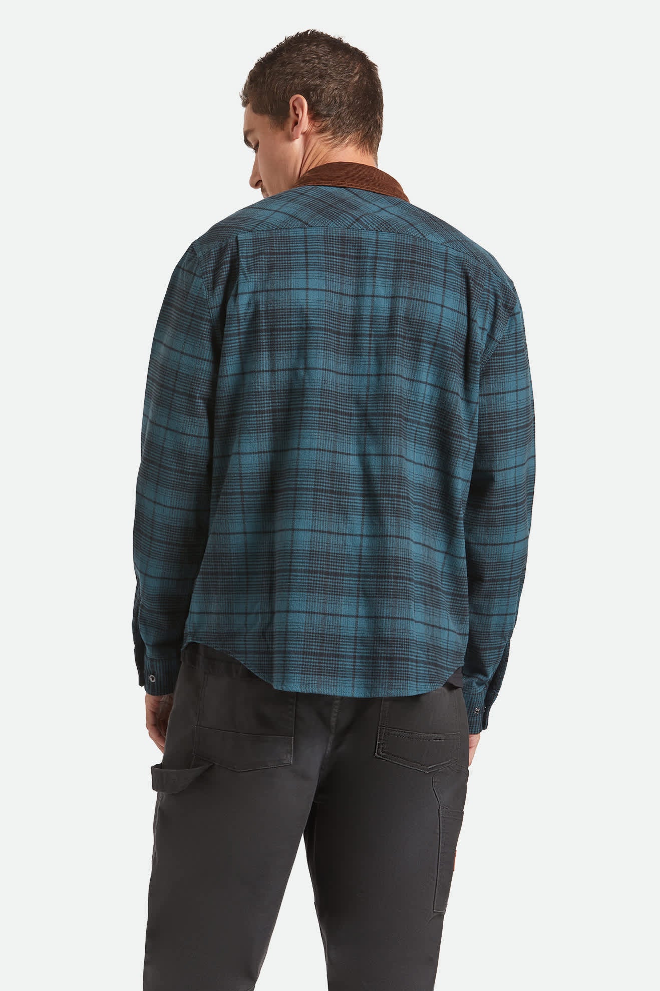 Men's Builders Bowery Performance Flannel in the color Night Sage/Black - Men's Back View