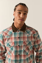 Men's Bowery Builders Ranch Performance Flannel in the color Ultra Marine/Dark Brick - Additional Fit image