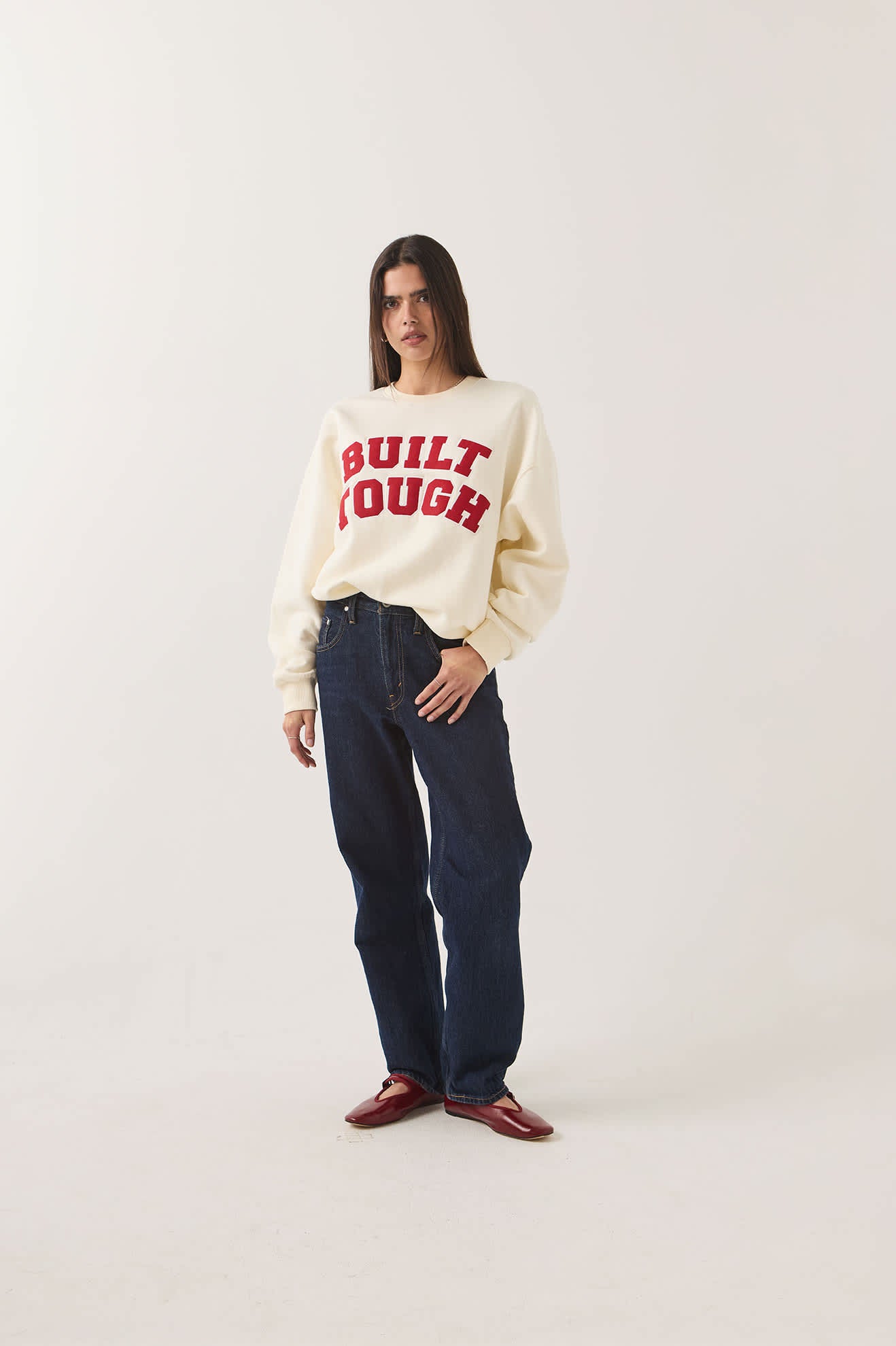Women's Ford Built Tough Crew Fleece in the color Wimbledon White - Women's Front Fit Image