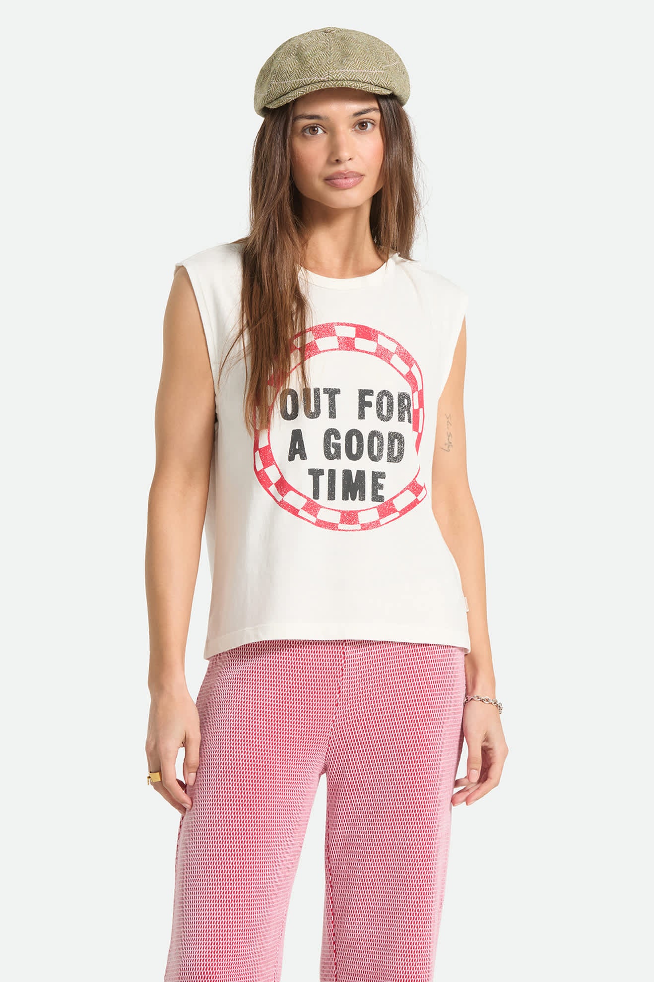 Women's Out For A Good Time Muscle Tank in the color Off White - Women's Front Fit Image