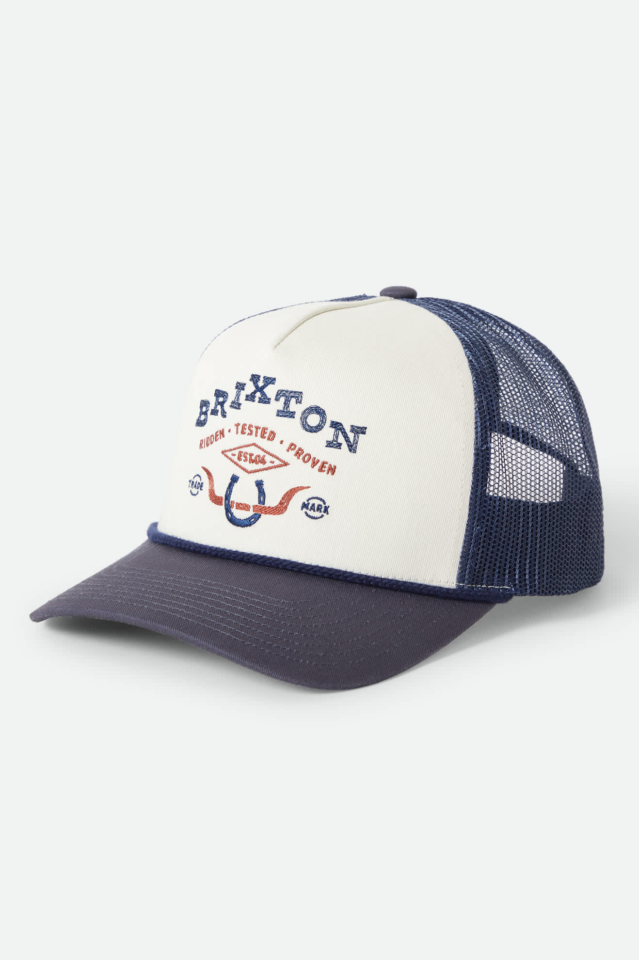 Unisex Beekman Netplus Trucker Hat in the color Off White/Navy - Front Product Laydown Image