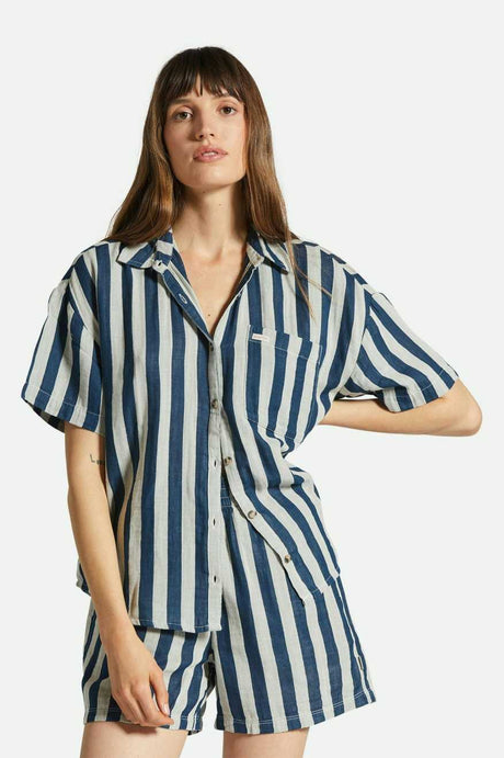 Women's Fit, Front View | Mykonos Stripe Boyfriend S/S Woven Shirt - Deep Sea