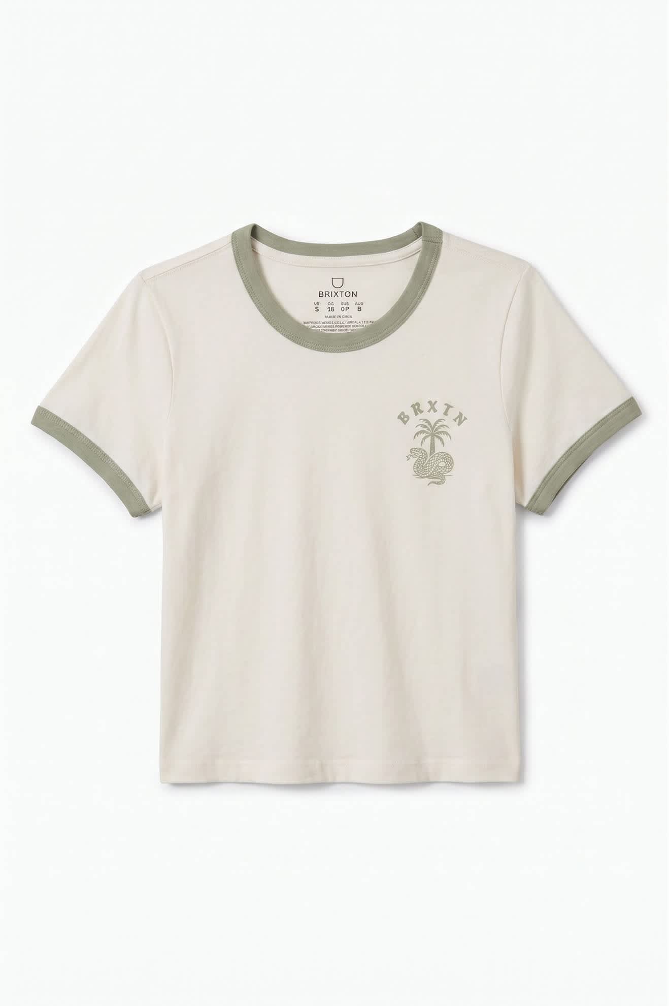 Women's Serpent Baby T-Shirt in the color White/Desert Sage - Front Product Laydown Image