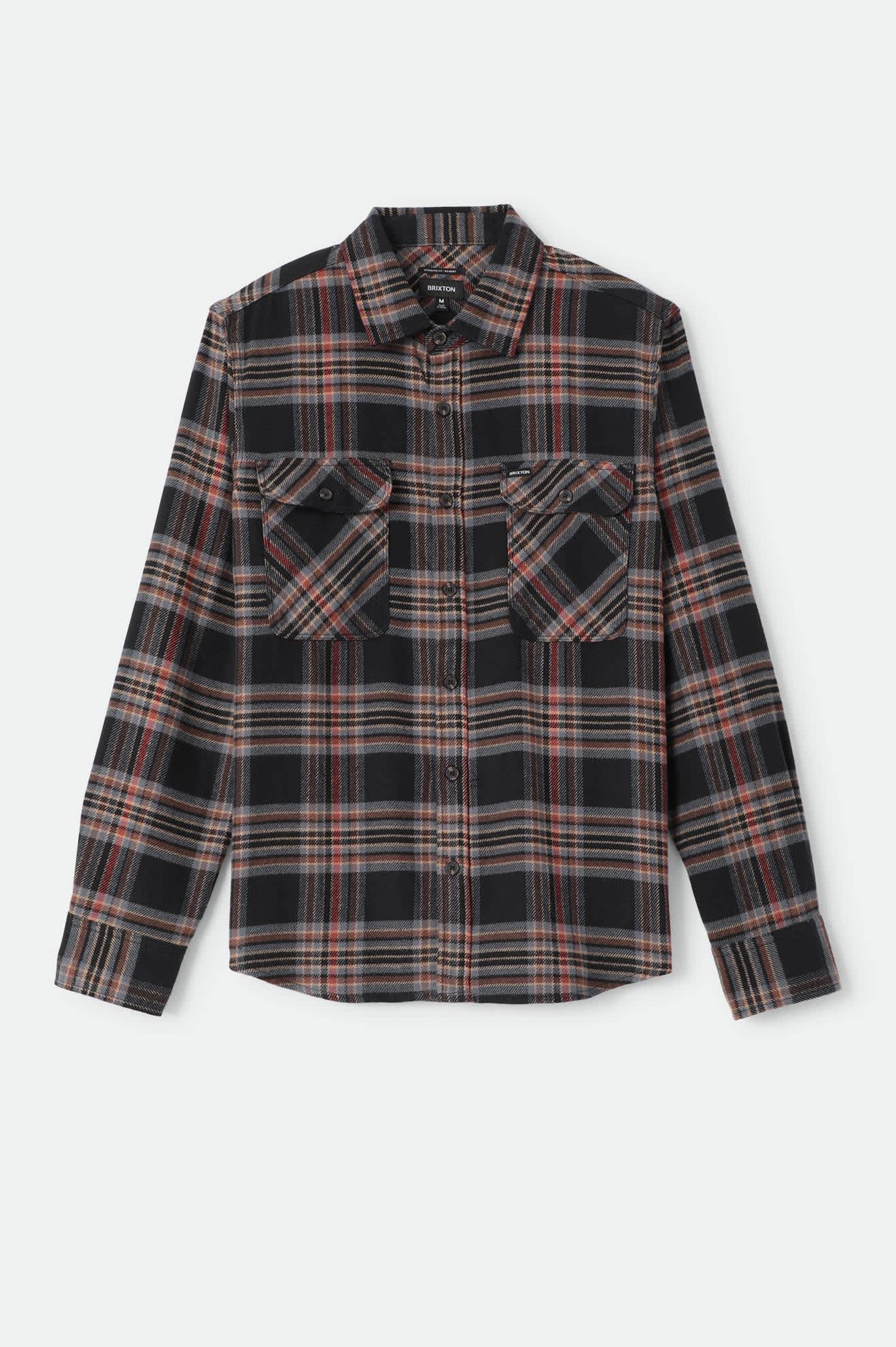Men's Bowery Flannel in the color Black/Red Earth - Front Product Laydown Image