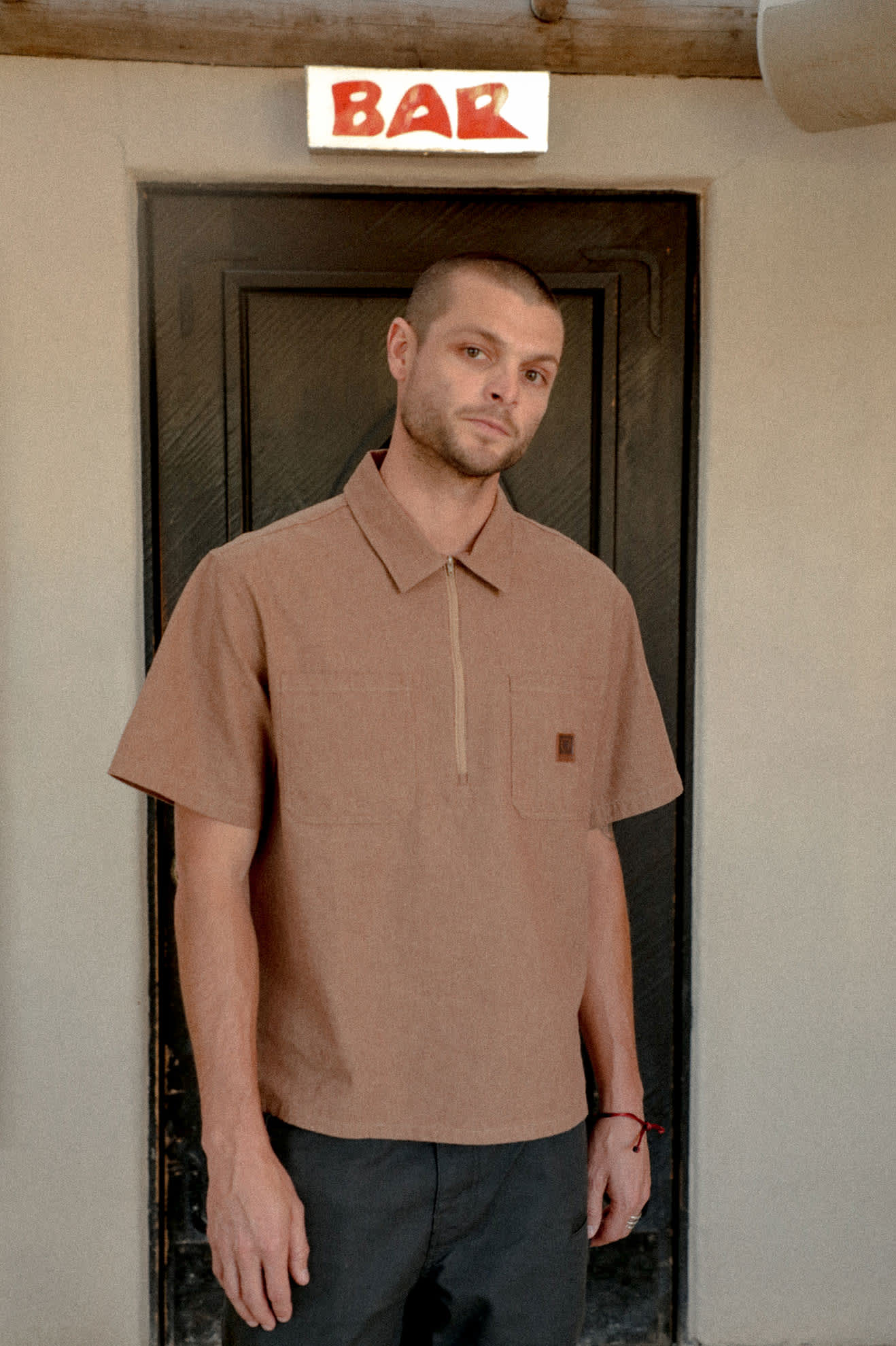 Men's Brakeman Half Zip Short Sleeve Shirt in the color Brown/Tan Stripe - Men's Lifestyle 2.0