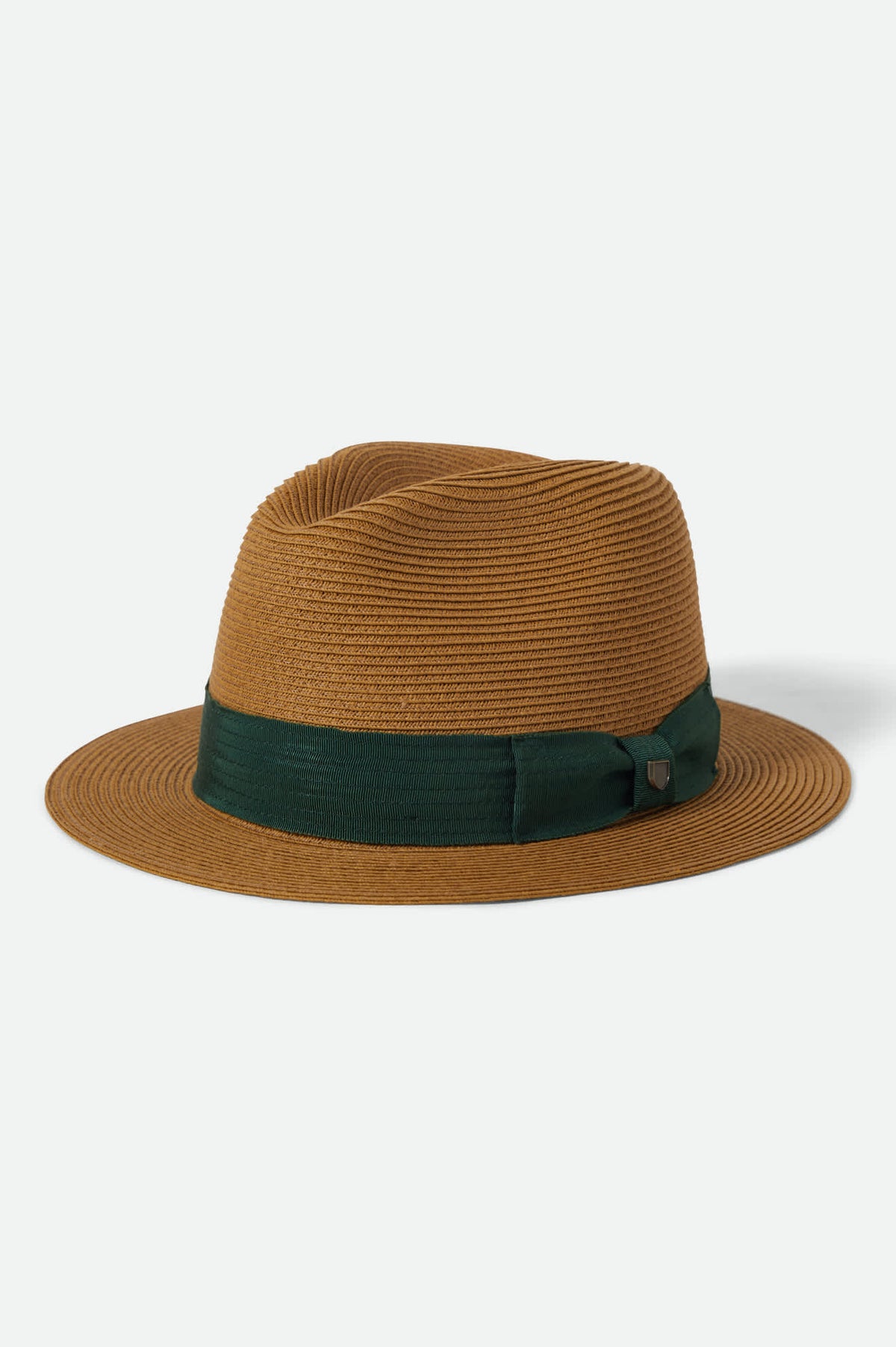 Unisex Roma Straw Packable Fedora in the color Dark Tan/Primal Green - Front Product View